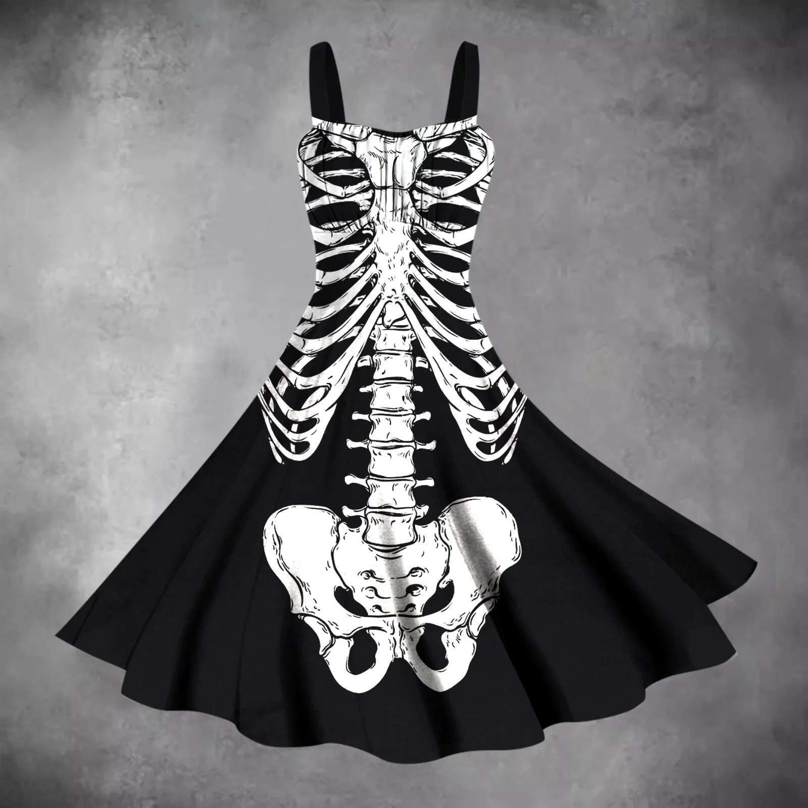 Dongdumaoyi Halloween Costumes For Women Skull Print Flared Dress Sleeveless Tunic Cocktail Vintage Party Dresses Masquerade Vestidos