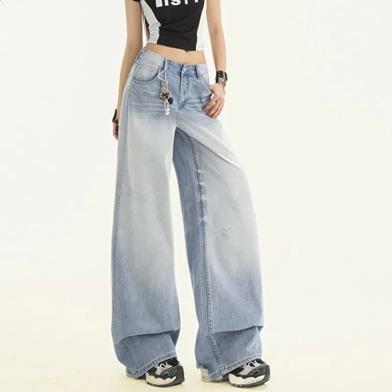 Womens loose retro long jeans mid waist torn wide leg straight 250417