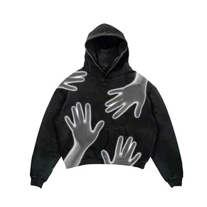 American street fashion hoodie black hoodie mens and womens hip-hop retro Harajuku sports casual long Sve shirt w250425