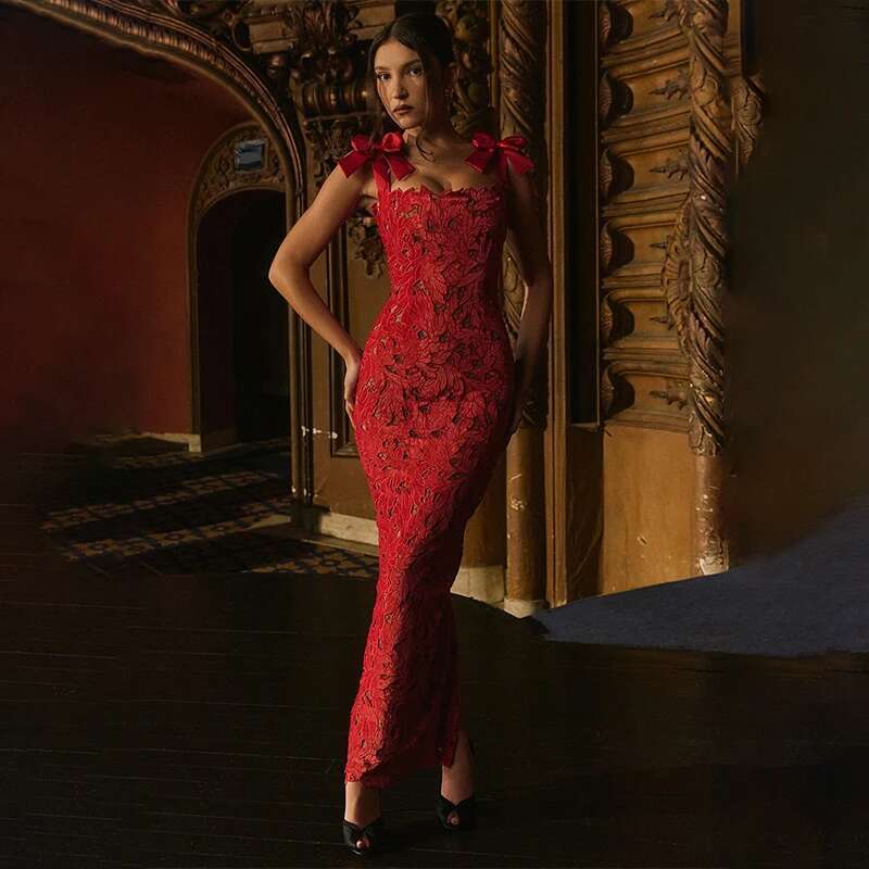 Dongdumaoyi Townlike Hollow Out Slim Bodycon Christmas Dress Women Summer Bow Embroidery Maxi Long Sexy Party Dresses