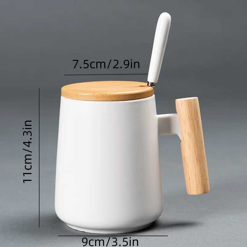 450ML Vintage Wooden Handle Ceramic Coffee Mug Nordic Design Lid Porcelain Tea Milk Cup Drinkware Gift for Couple Office Y251125