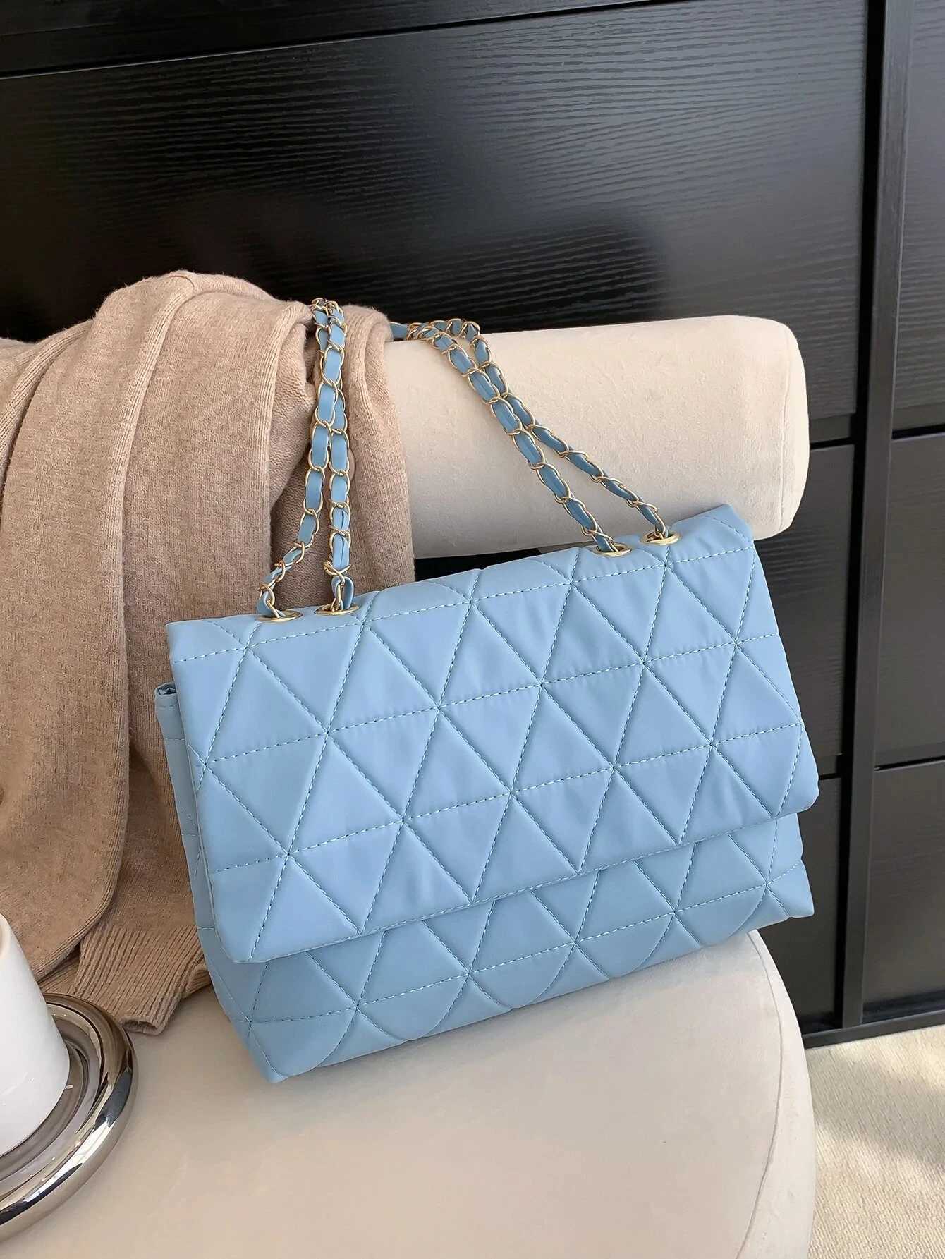 Fashionable blue Pu flip bag gold large capacity niche geometric handbag womens handbag embroidered threaded metal chain shoulder bag W250421