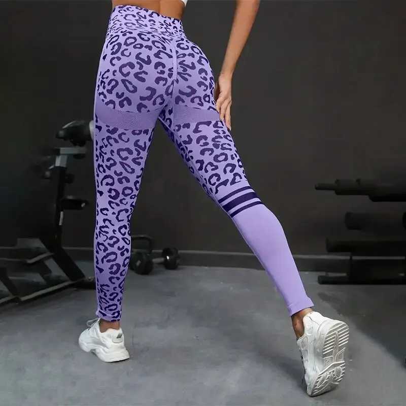 Yoga 9-minute long pants with elastic waist and abdomen tight fitting leopard print seamless quick drying fitness pantsC250425
