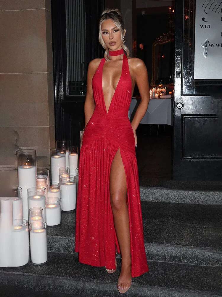 Dongdumaoyi Townlike Sparkle Glitter Sexy Party Dress Women Halter Spring Summer High Split Deep V Neck Pleated Maxi Long Dresses