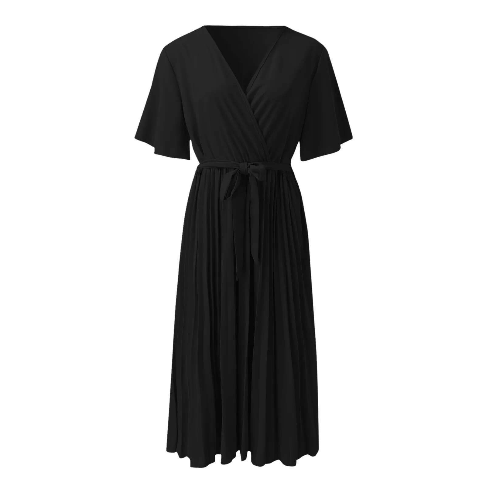 Dongdumaoyi Summer Elegant Chiffon Long Dress Women S Solid Color V Neck Waist Swing Pleated Skirt Casual Party