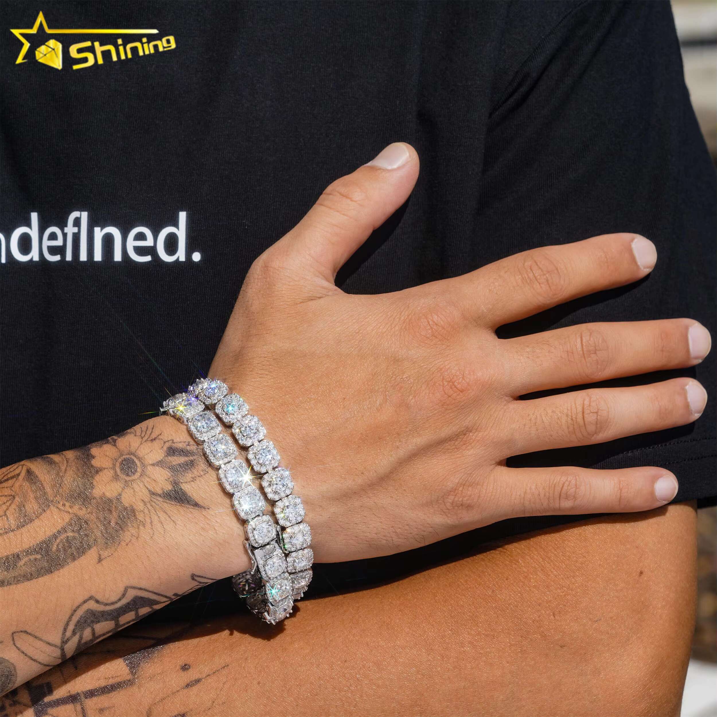 New Designs Luxury 925 Sterling Silver White Gold Plated Iced Out Hip Hop Fire Jewelry VVS Moissanite Cluster Tennis Bracelet