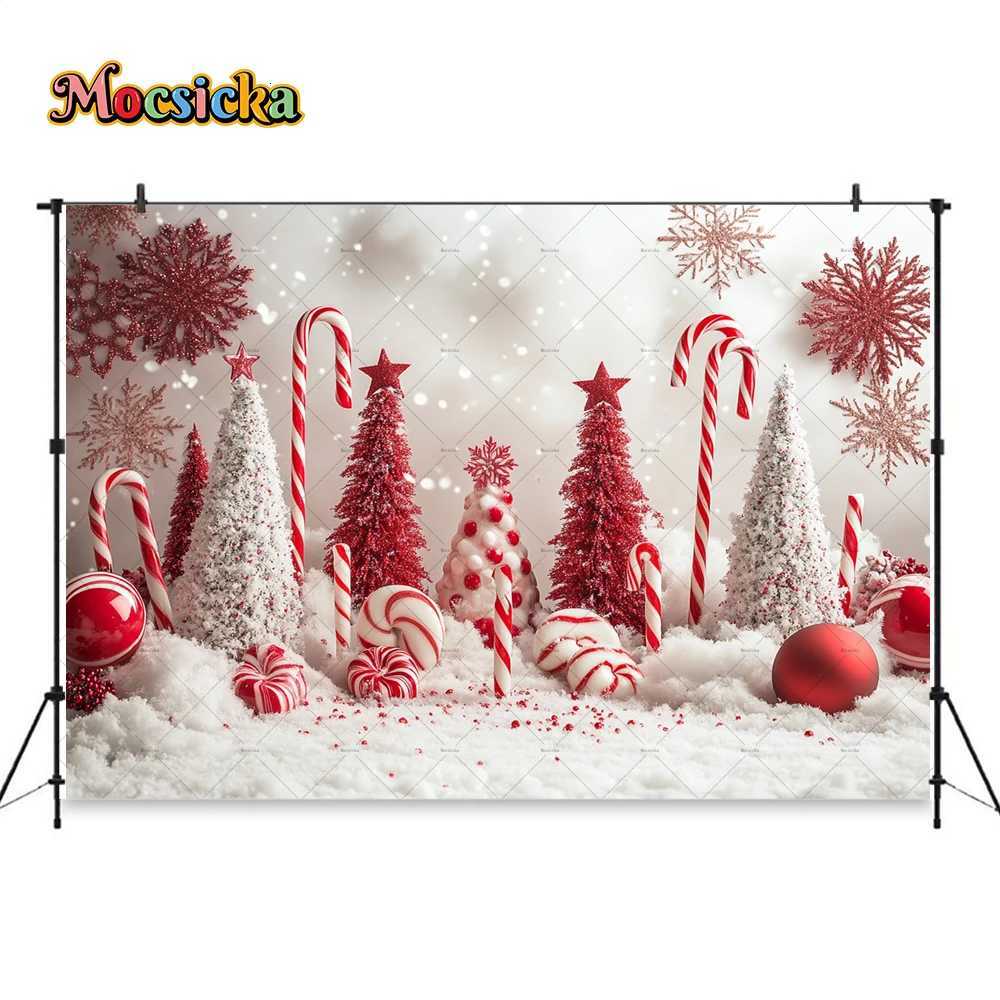 Christmas Candy Cane Background Photography Red Xmas Tree Decor Balls Snowy Wonderland Backdrop Winter Kid Birthday Photo StudioM251125