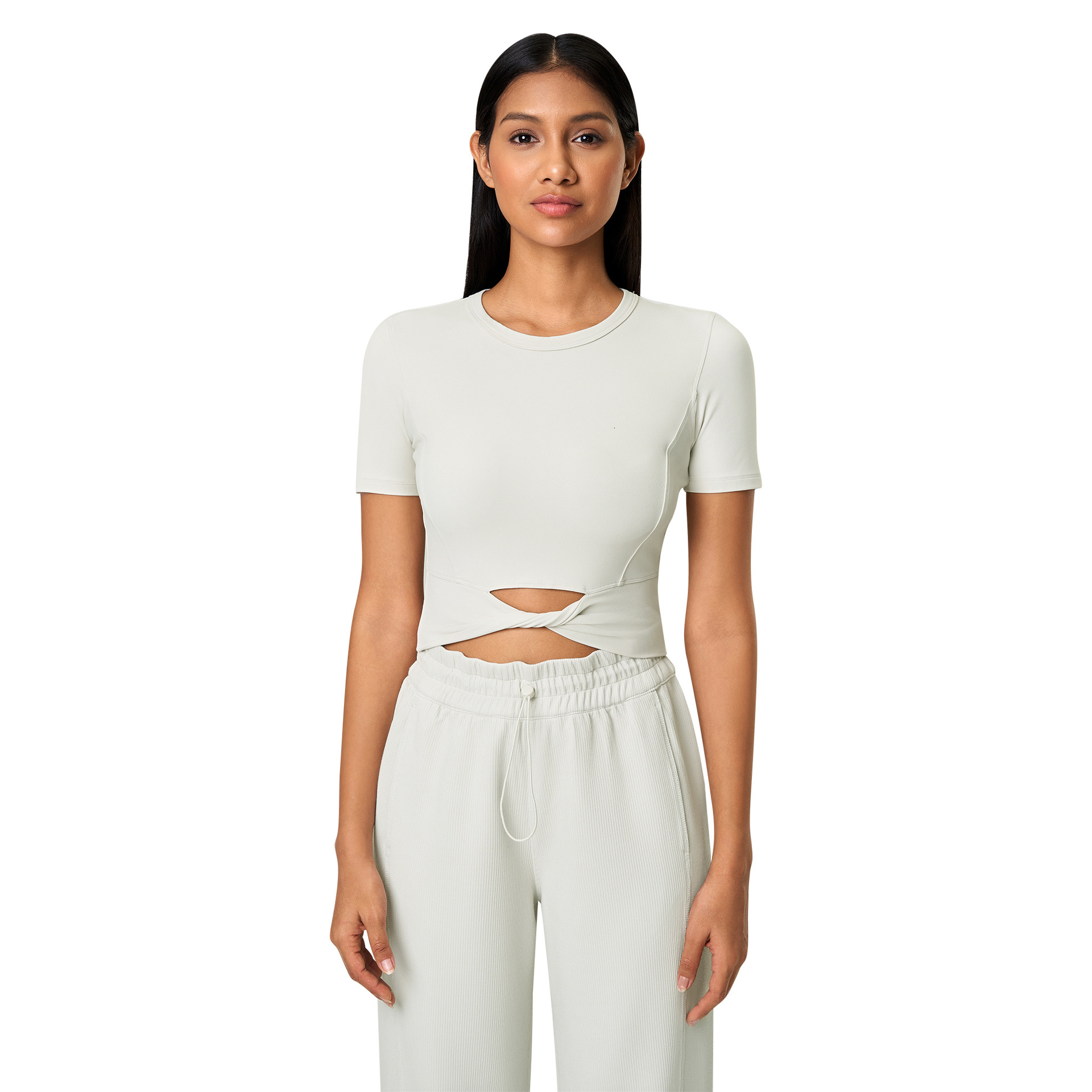 New Free Delivery Designer Shoes By 2025 Summer Nude And Skin Friendly Yoga Suit Top, Cut With Exposed Navel, Personalized Twisted Sports Short Sleeve