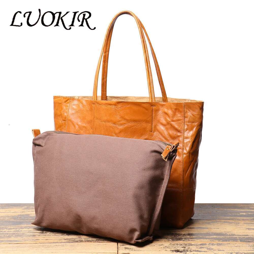 LUOKIR Genuine Leather Vintage Women's Tote Handbag Mother And Child Top Layer Cowhide Shoulder Shopping Bag
