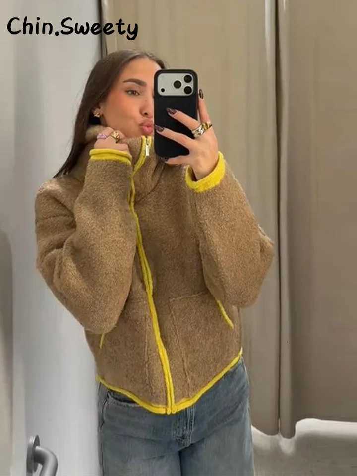 Casual Womens Contrast Color Knitted Coats Stand Collar Full Sleeve Zipper Pockets Jacket 2025 Autumn Winter Lady Warm OutwearT251125