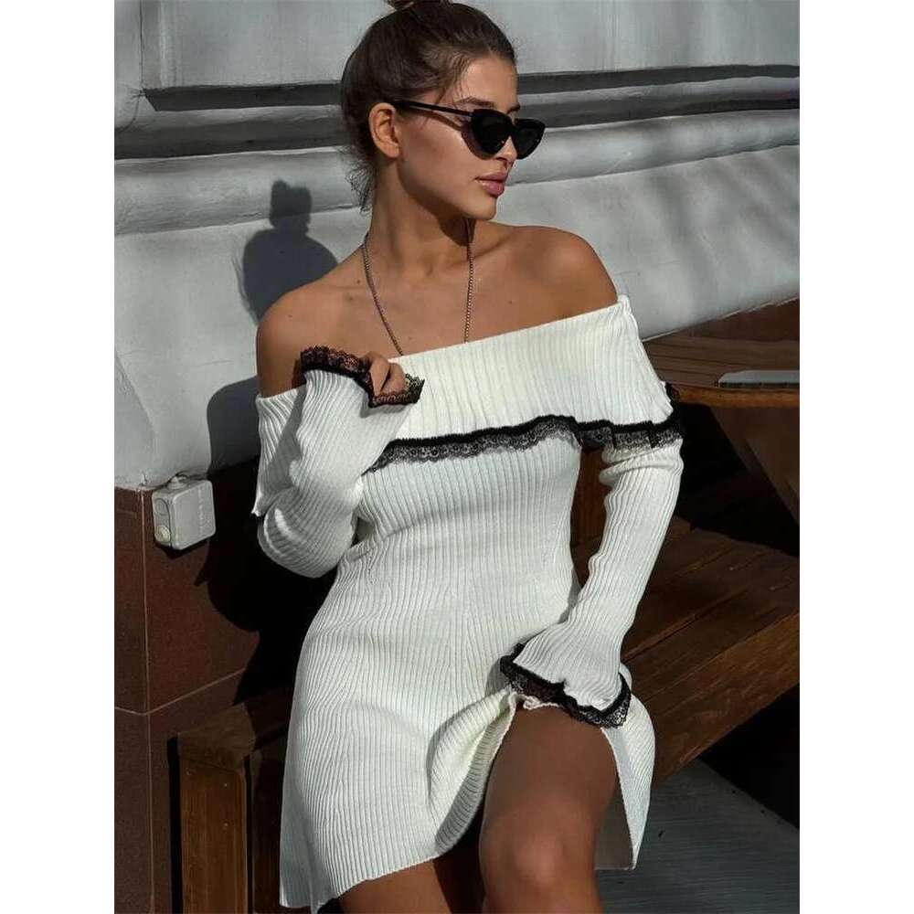 Knit Off-Shoulder Sweater Women's Lace Patchwork Ribbed Slim Backless Elegant Party Knitwear Mini Dress