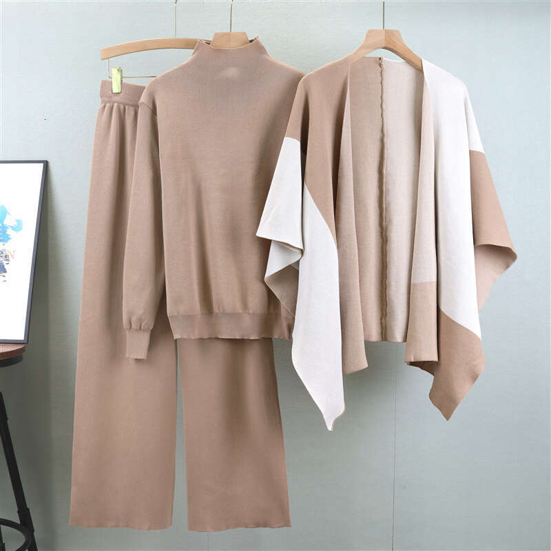 2025 Autumn/winter New Fashionable Knitted Color Blocked Shawl Wide Leg Pants Stylish 3-piece Set for Women Long Printing Temperament New Product New 
