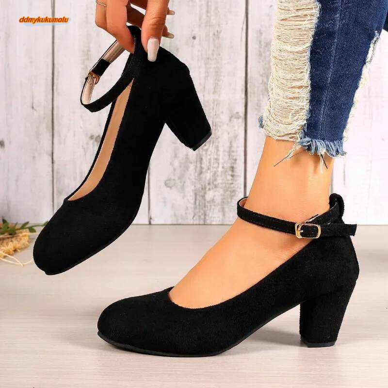 Autumn New Thick Heels Women's Black One-line Buckle Shallow Mouth Woman Single Pumps Suede Large Size Work Shoes ddmykukumalu