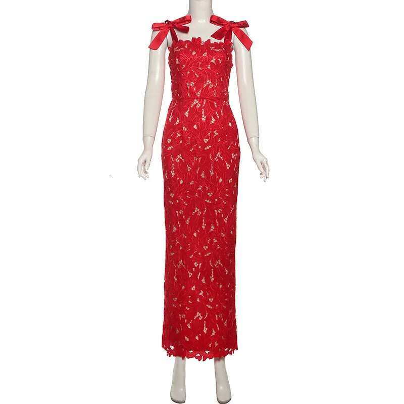 Dongdumaoyi Townlike Hollow Out Slim Bodycon Christmas Dress Women Summer Bow Embroidery Maxi Long Sexy Party Dresses