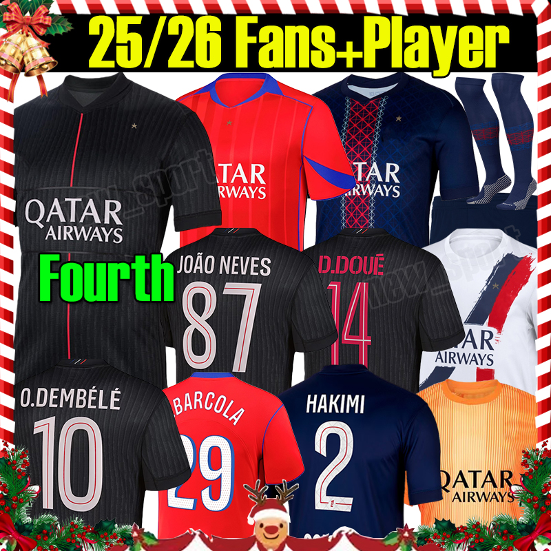 4XL 25/26 BARCOLA O.DEMBELE soccer jerseys HAKIMI D.DOUE KVARATSKHELIA JOAO NEVES Fans player Version MARQUINHOS 2025 2026 Men Kids kit socks Football Shirts