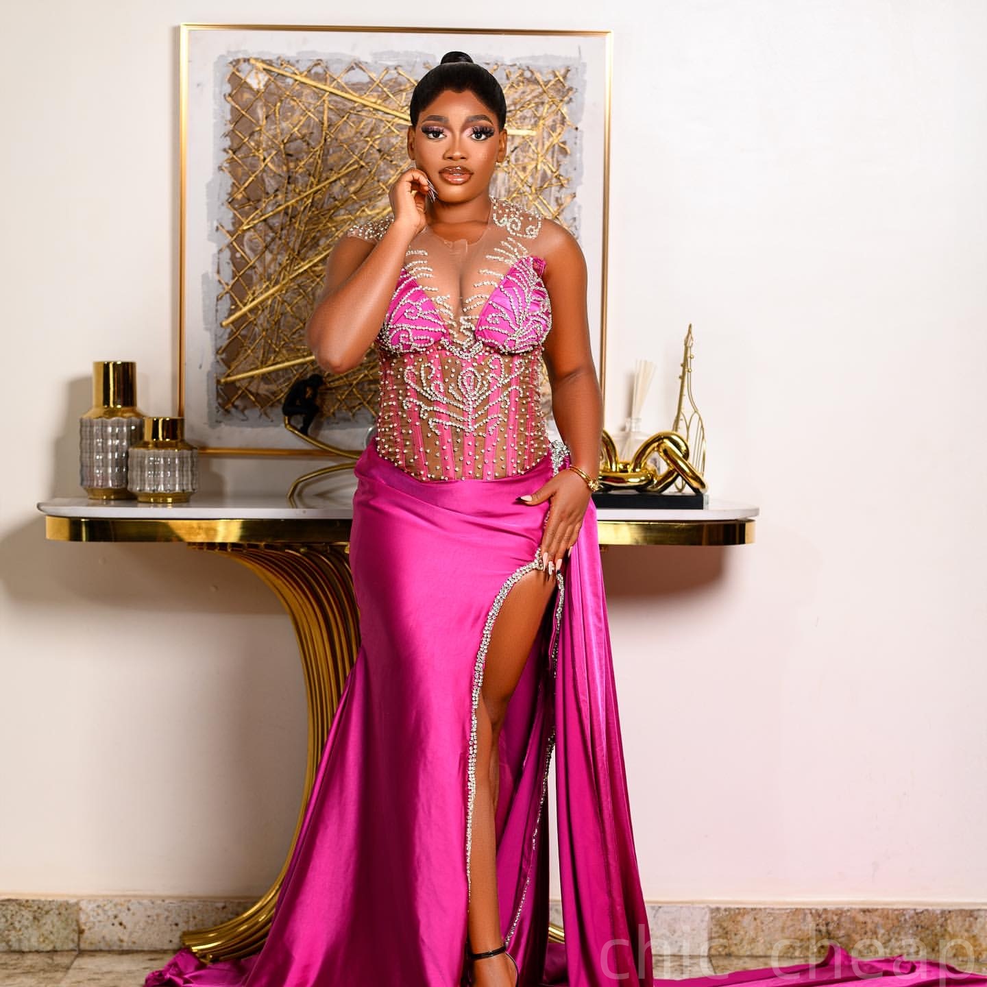 Fuchsia Mermaid Plus Size Prom Dresses 2025 Beaded Crystals Satin High Split Evening Formal Party Second Birthday Engagement Gowns Dress For Special O