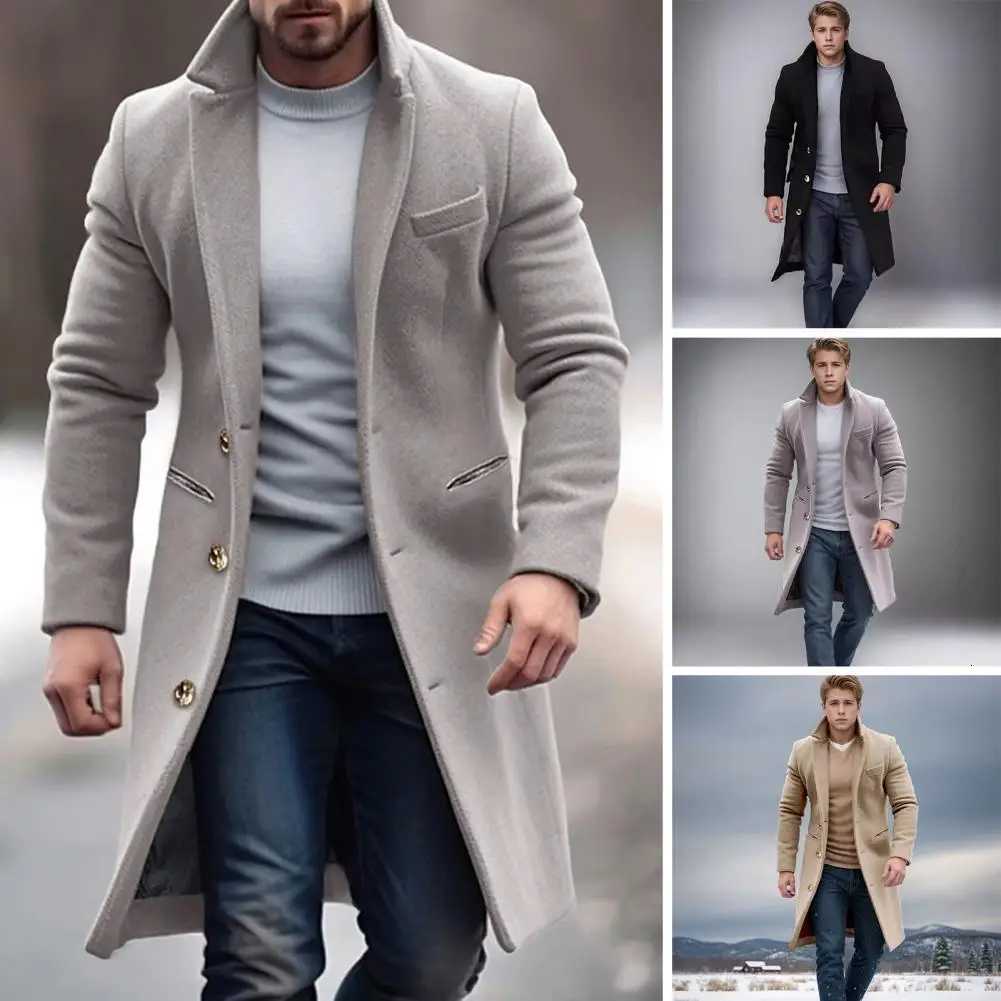 Woolen Coat Men Jacket Elegant Mens Woolen Coat With Lapel Pockets Single Breasted Long Sleeve Jacket Solid Color For WinterT251125