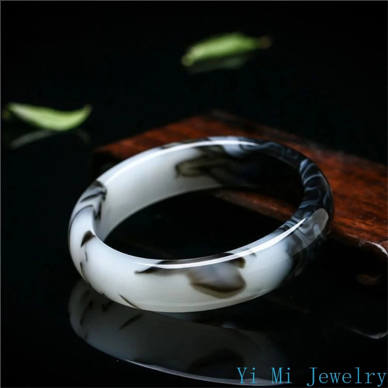 Natural Hetian Jade Bracelet Black White Flowers Charm Fashion Retro Fine Jewelry Elegant Girl Couple Bangle Holiday Gift 250424