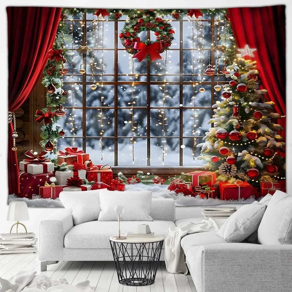 Christmas Day party decoration tapestry Winter snow scene Christmas tree garland window landscape wall hanging home decorationM251125