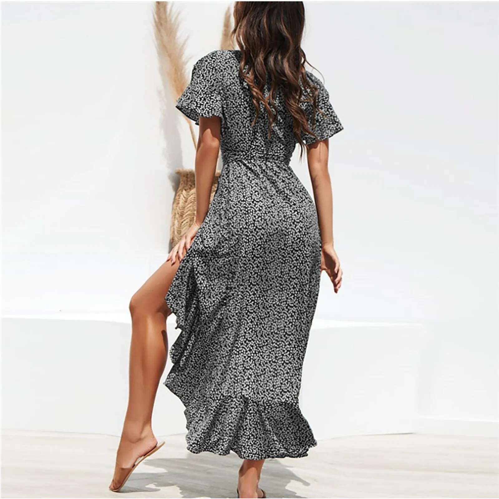 Dongdumaoyi Summer Beach Maxi Dress Women Floral Print Boho Long Chiffon Ruffles Wrap Casual V Neck Split Sexy Party Robe