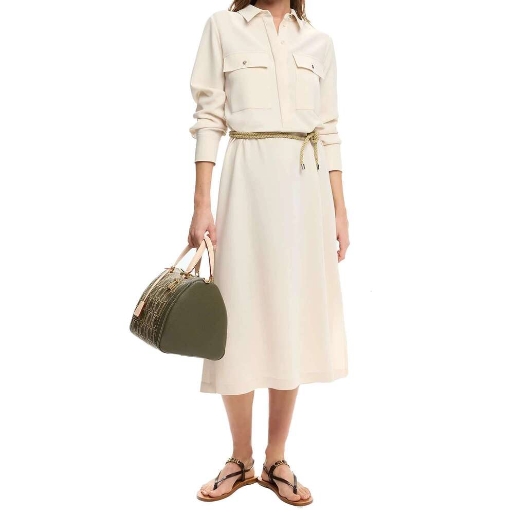 2025 Summer Elegant Lady Women Button Female Casual Solid Loose Long Sleeve Mid Length Dresses