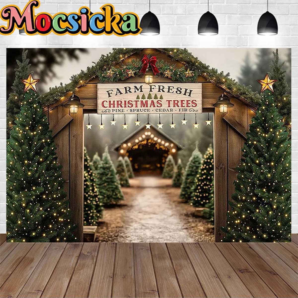 Mocsicka Christmas Tree Farm Background Photography Glitter Star Green Pine Wooden Door Backdrop Winter Family Kids Photo StudioM251125