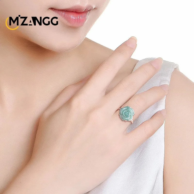 S925 Silver Set Myanmar Jadeite Blue Water Rose Ring Ice Jade Adjustable Female Ring Fashion Fine Jewelry Wedding Party Gift 250425