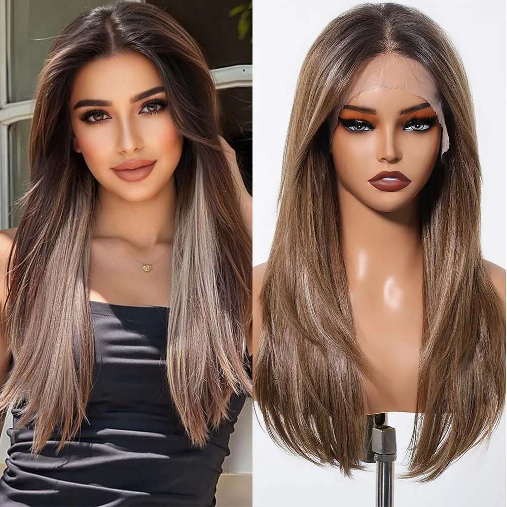 13*6 Transparent Lace Frontal Synthetic Long Straight Layered Hair Brown Blonde Highlight Wigs For Afro Women Brazilian Wig