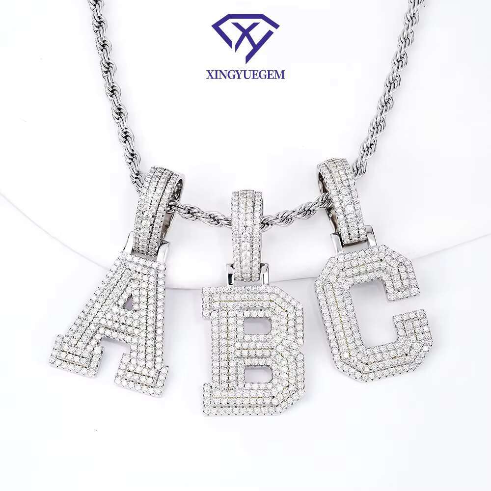 Custom Wholesale Men Hip Hop Jewelry 925 Sterling Silver Iced Out Mossanite Moissanite Necklace Chain A-z Initial Letter Pendant