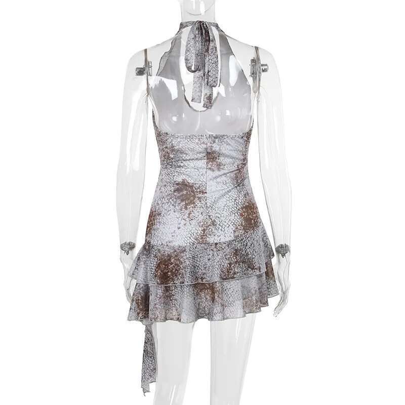 Dongdumaoyi Townlike Leopard Print Ruffles Asymmetric Dress Women Halter Mini Spring Summer Backless Nightclub Sexy Party Dresses