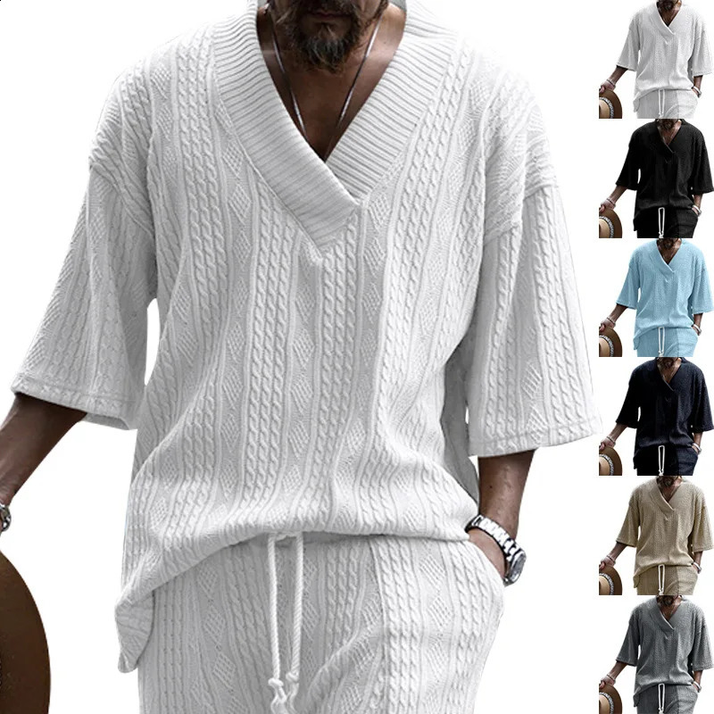 Mens casual knitted Tshirt for summer loose fit plus size semi long sleeved svCollar sport solid color jacquard 250417