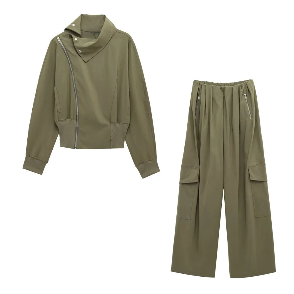 PB ZA 2025 Womens Fashion Olive Green Set Denim Neck Asymmetric Zipper Jacket Elastic Waist Wide Leg Cargo Pants 250414Z