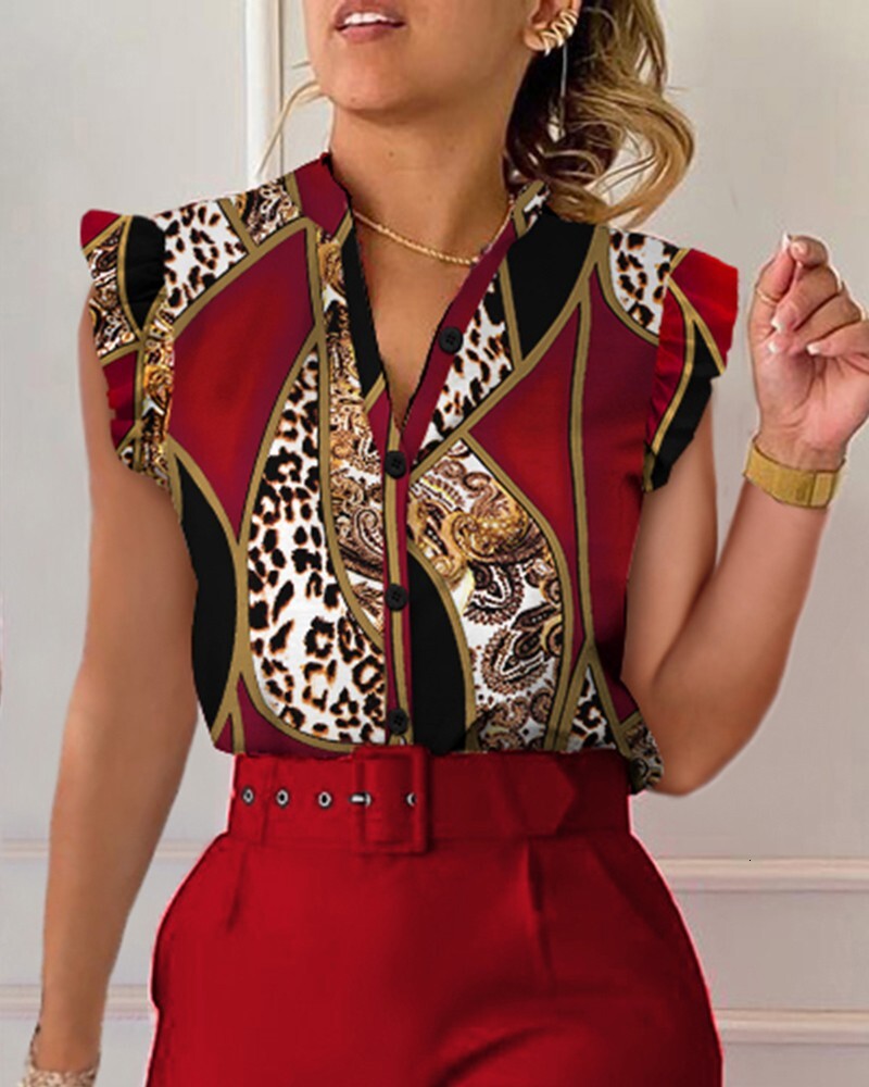 2023 Summer V-neck Button Petal Sleeve Printed Shirt Female