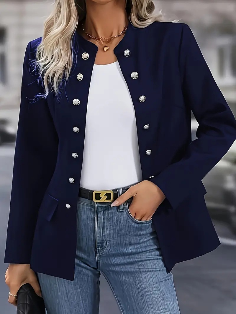 2024 winter fashion solid color stand up collar double breasted cardigan jacket for women