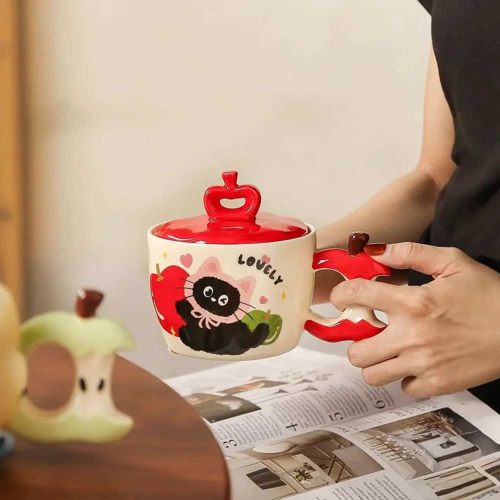 Creative Apple Cat Ceramic Mug High Beauty Capped Coffee Mugs Breakfast Milk Cup Couple Water Cups Birthday Gift Kawaii Cup Y251125