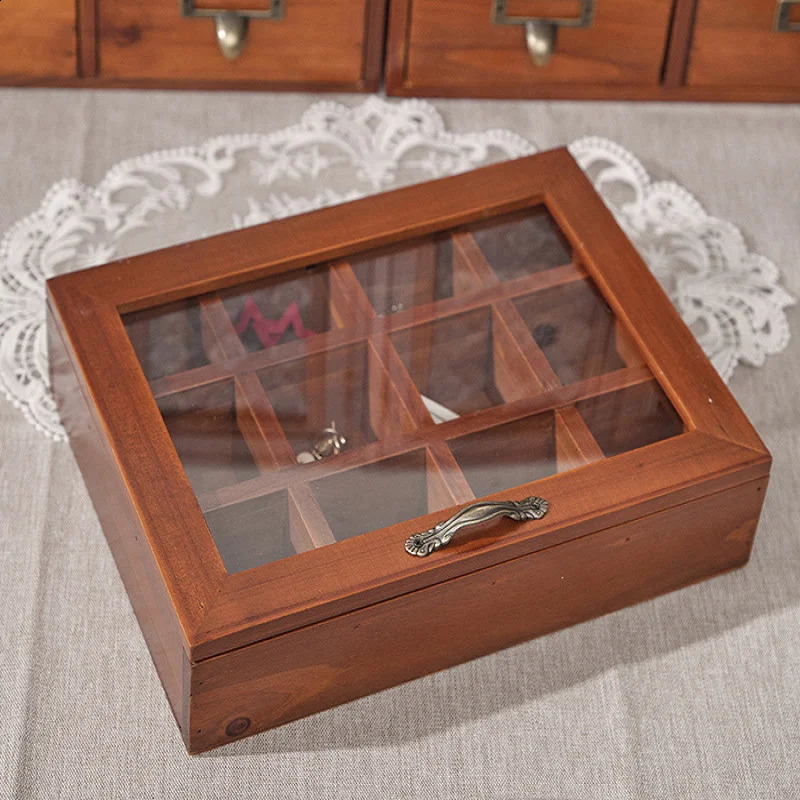 Vintage solid wood jewelry box Desktop storage box Wooden jewelry box play lattice storage box lattice glass cover wooden box 250424