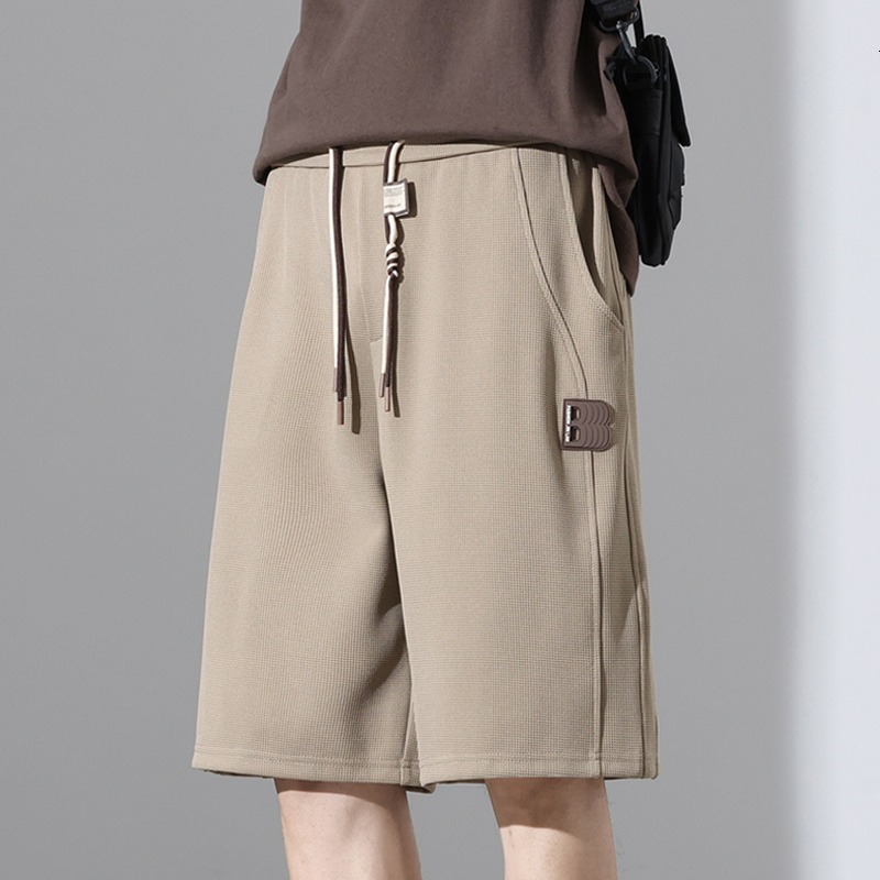 Texture waffle shorts men's summer new brand sports loose straight casual five quarter pants gray trendy