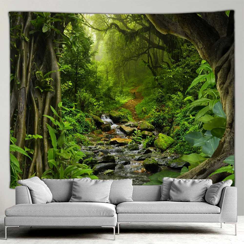 Outdoor Garden Poster Forest Waterfall Landscape Tapestry Tropical Plants Landscape Home Patio Wall Hanging Art Decor MuralM251125