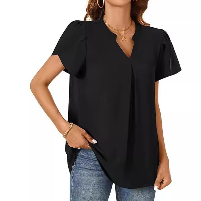 2024 summer simple and fashionable V-neck petal sleeve shirt for women