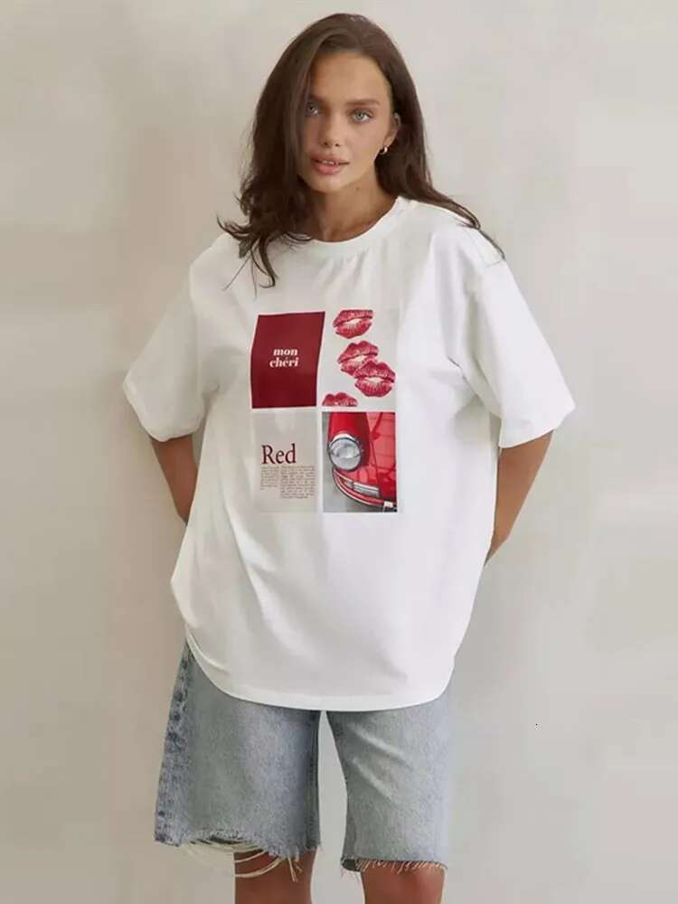 Chic Heart Letter Printed Cotton T-Shirts Women Loose O-Neck Half Sleeve Oversize Female Tee 2025 Summer Fashion Lady Outwears