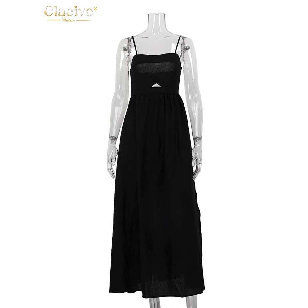 Clacive Sexy Loose Black Cotton Womens Dresses 2024 Summer Strap Sleeveless Ankle Length Elegant Hollow Out Female Dress