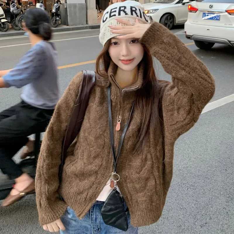 NEW Autumn Winter Womens Long Sleeve Elegant Sweater Knitted Top Cardigan Double Zipper Casual Chic Fashion Warm OuterwearT251125