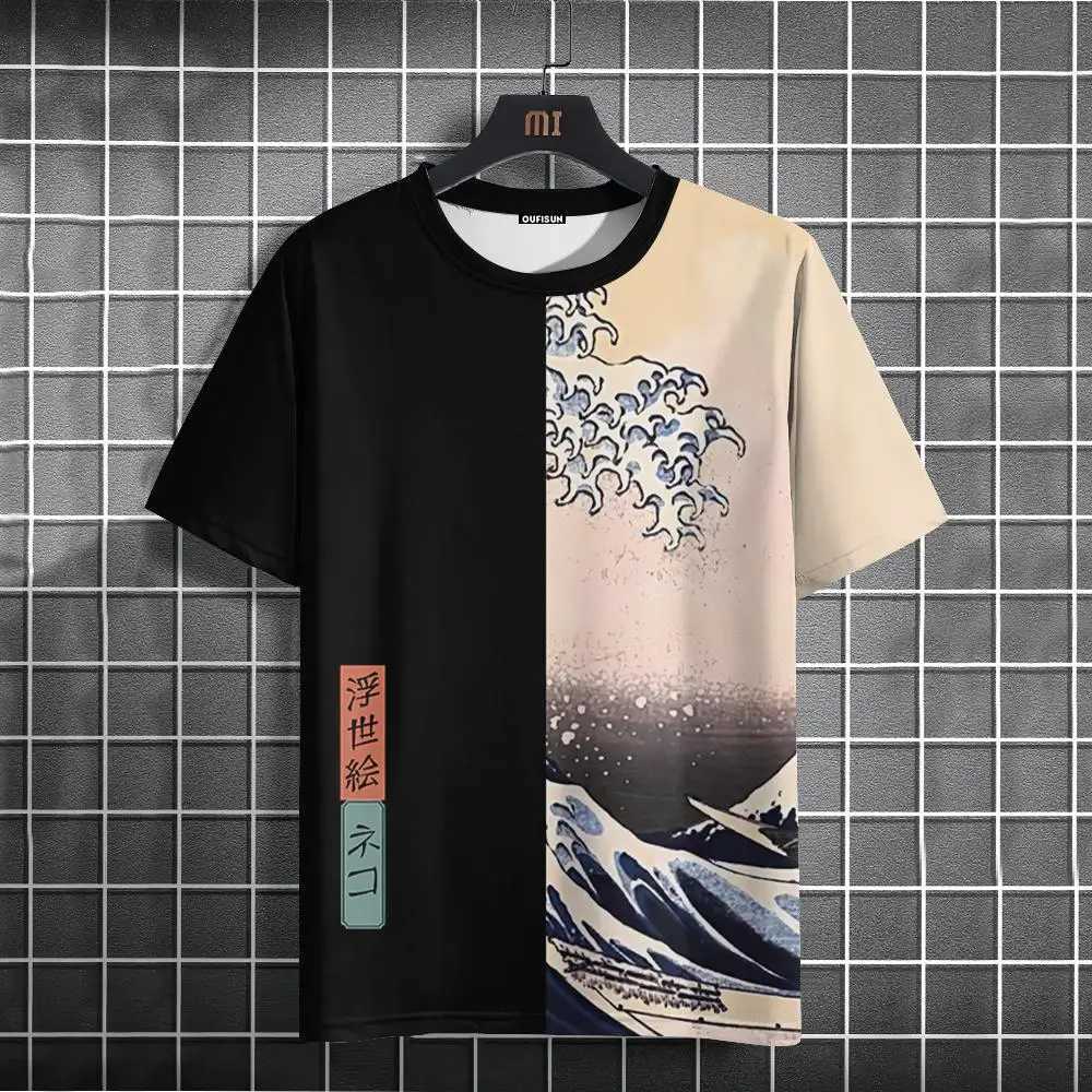 Japanese style mens T-shirt with ukiyo-e sea wave pattern printed T-shirt casual loose short sleeved T-shirt oversized mens top W250425