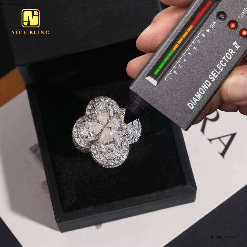 VVS Moissanite Dashi Hui Shi Champion Flower Design Clover Pear Popular Product 2025 925 Ring Men's Hip Hop Boutique Jewelry