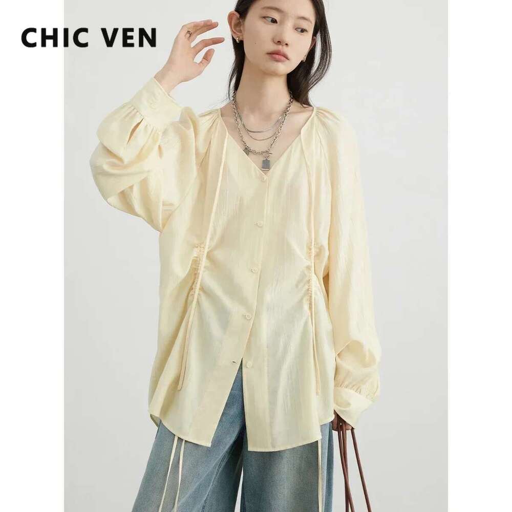 CHIC VEN Women Loose Lace Up Shirt Solid New Korean V-Neck Pleated Raglan Long Sleeved Blouses Female Tops Spring Summer 2025
