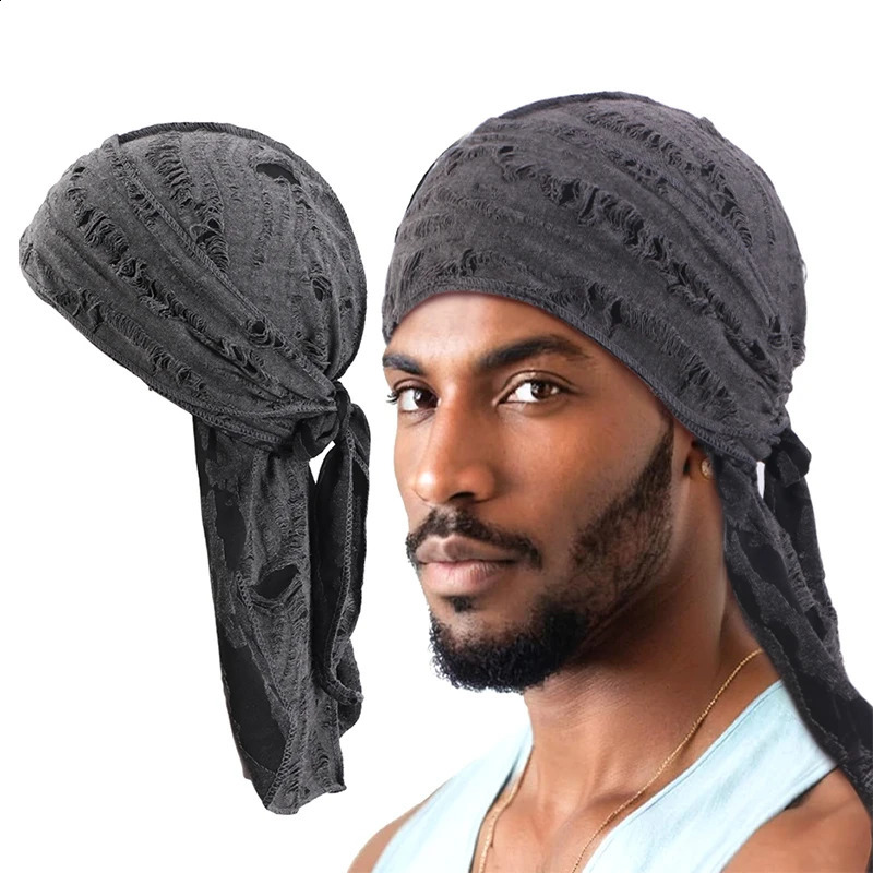 Durag long tail cotton ribbon pirate hat retro distressed Durag chemical hat Turban headband Bandanas headwear 250423