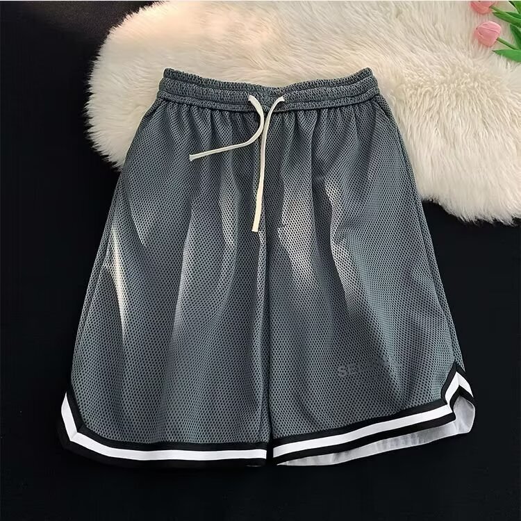 Short men's new outfit, casual, loose, breathable, ice silk mesh basketball sports five quarter pants for summer