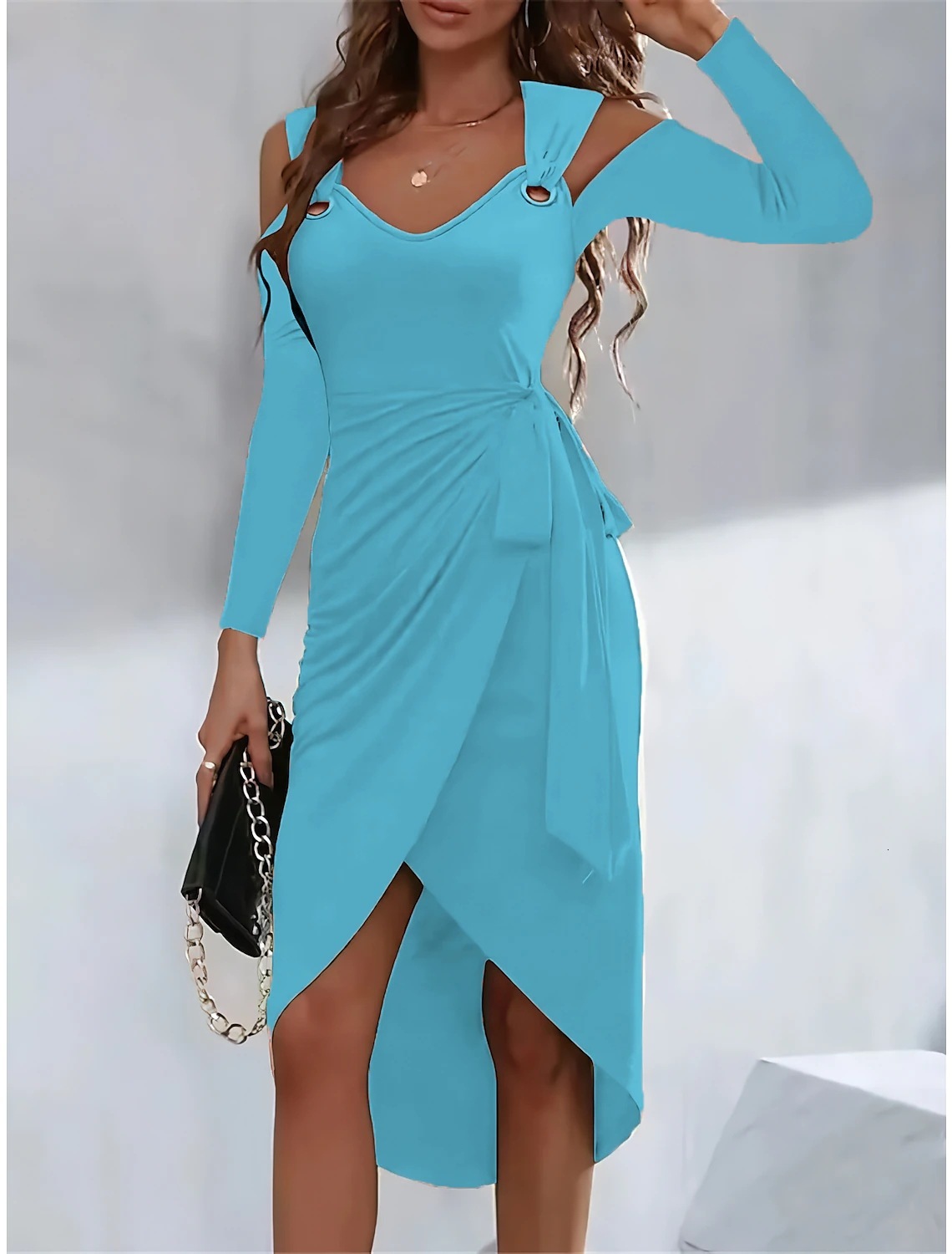 2023 Autumn/Winter New Solid Color Metal Buckle V-neck Strap Dress for Women