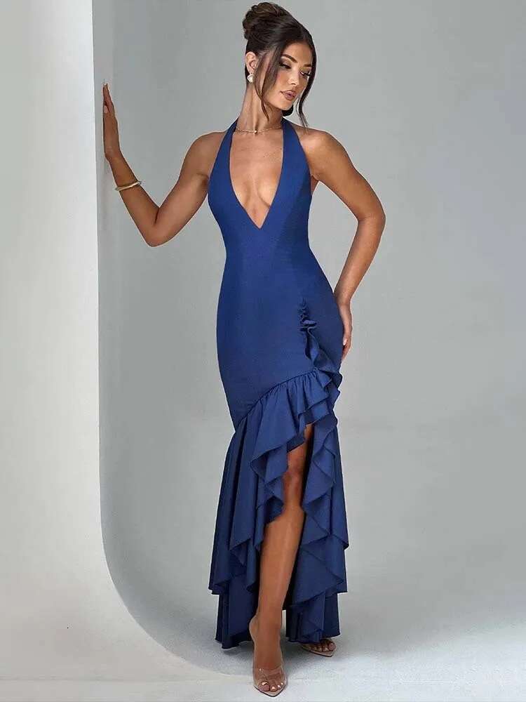 Dongdumaoyi Townlike Ruffles Asymmetric Maxi Long Dress Women Halter Spring Summer Backless Nightclub Sexy Party Dresses