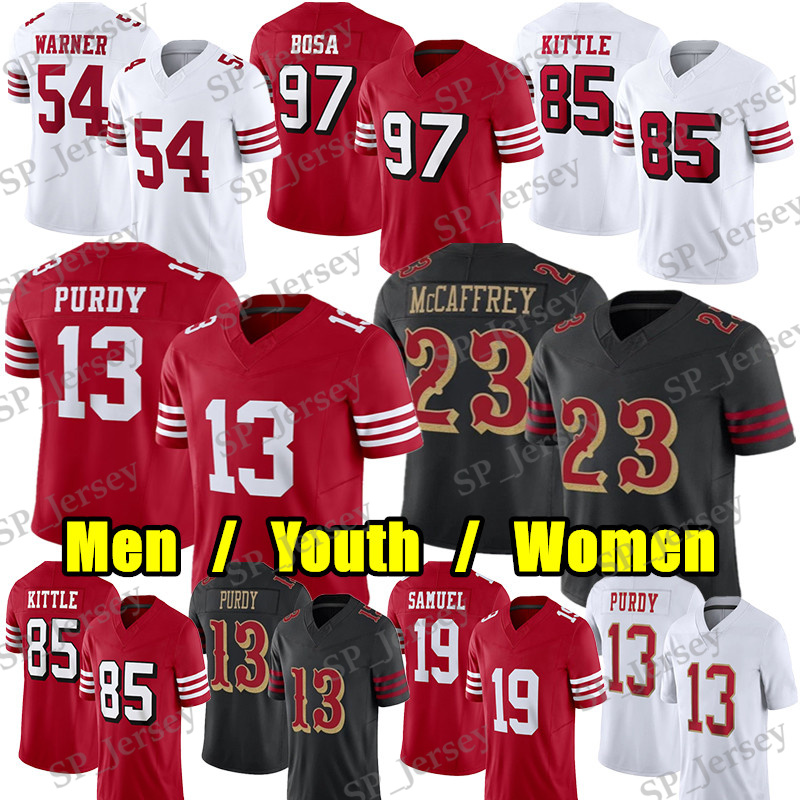 #23 Christian McCaffrey Football Jersey #13 Brock Purdy George Kittle Nick Bosa Fred Warner Jerry Rice Joe Montana Young Mac Jones Brandon Aiyuk Mykel Williams jerseys